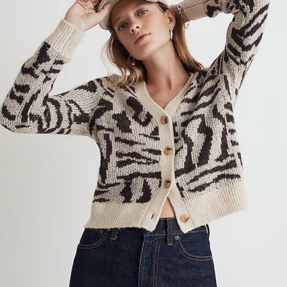Madewell Cream and Black Abstract Knit Button-Front Cardigan